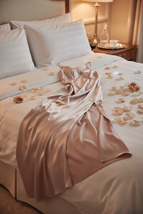 Elegant silk satin nightgown with slit hem on a luxury bed